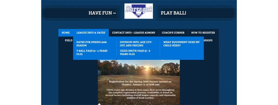 LEAGUE INFO & DATES tab - Spring 2026 Dates - click on the pic above