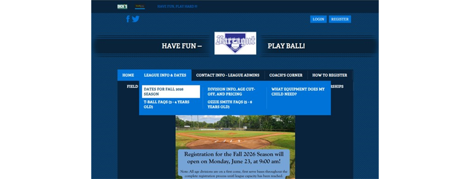 LEAGUE INFO & DATES tab - Fall 2026 Dates - click on the pic above